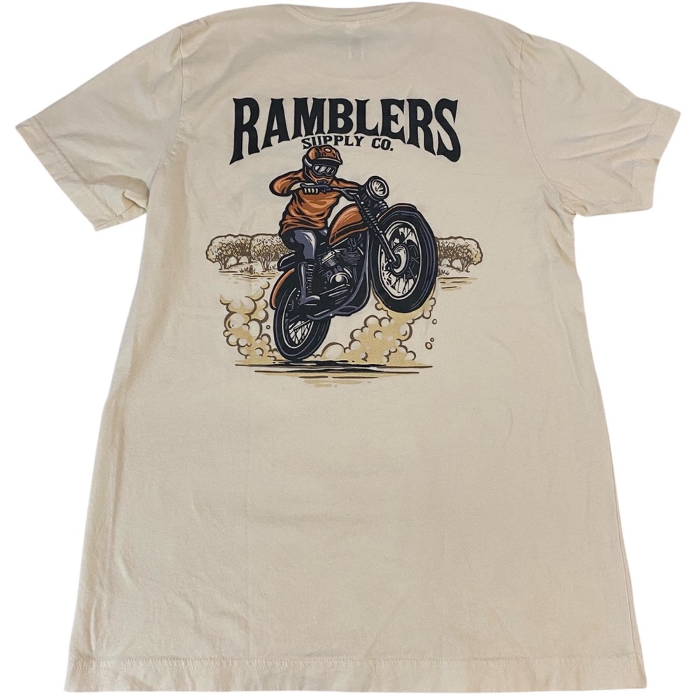 Ramblers Supply Co Motorcycle Logo Graphic Tshirt Tee Men’s Medium Cream Rider